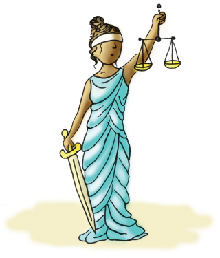 Ilustração de uma estátua da justiça, com os olhos vendados segurando uma balança e uma espada.